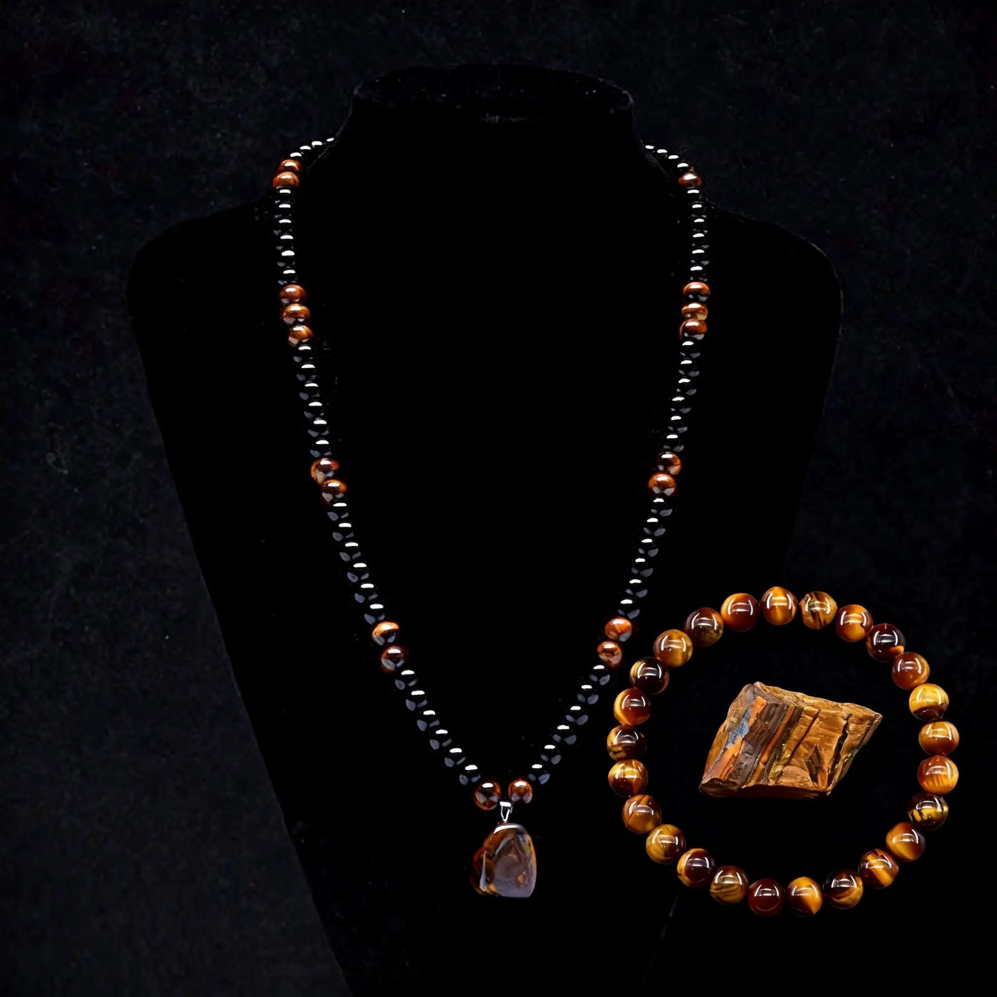 Money Attraction Necklace bracelet set with Tiger Eye Pendant Healing CrystalStone ,Obsidian,Anniversary, Vacation &ThemeParties Jewelry Charms Abundance Crystal bracelet,Long Chain,Sweater chain,Ideal Gift Jewelry for Men and Womensummerwins