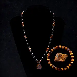 Money Attraction Necklace bracelet set with Tiger Eye Pendant Healing CrystalStone ,Obsidian,Anniversary, Vacation &ThemeParties Jewelry Charms Abundance Crystal bracelet,Long Chain,Sweater chain,Ideal Gift Jewelry for Men and Women