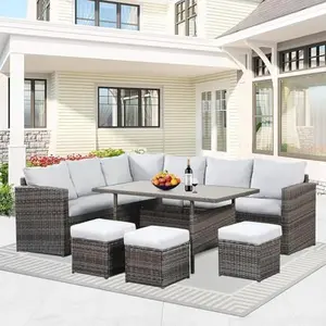 RoyalCraft L 7 Piece Patio Furniture Set, All Weather Wicker Patio Conversation Sets with Cushion Seat & Pillows, Outdoor Dining Set, Patio Furniture Outdoor Sectional for Porch, Pool Deck, Garden, Light Grey