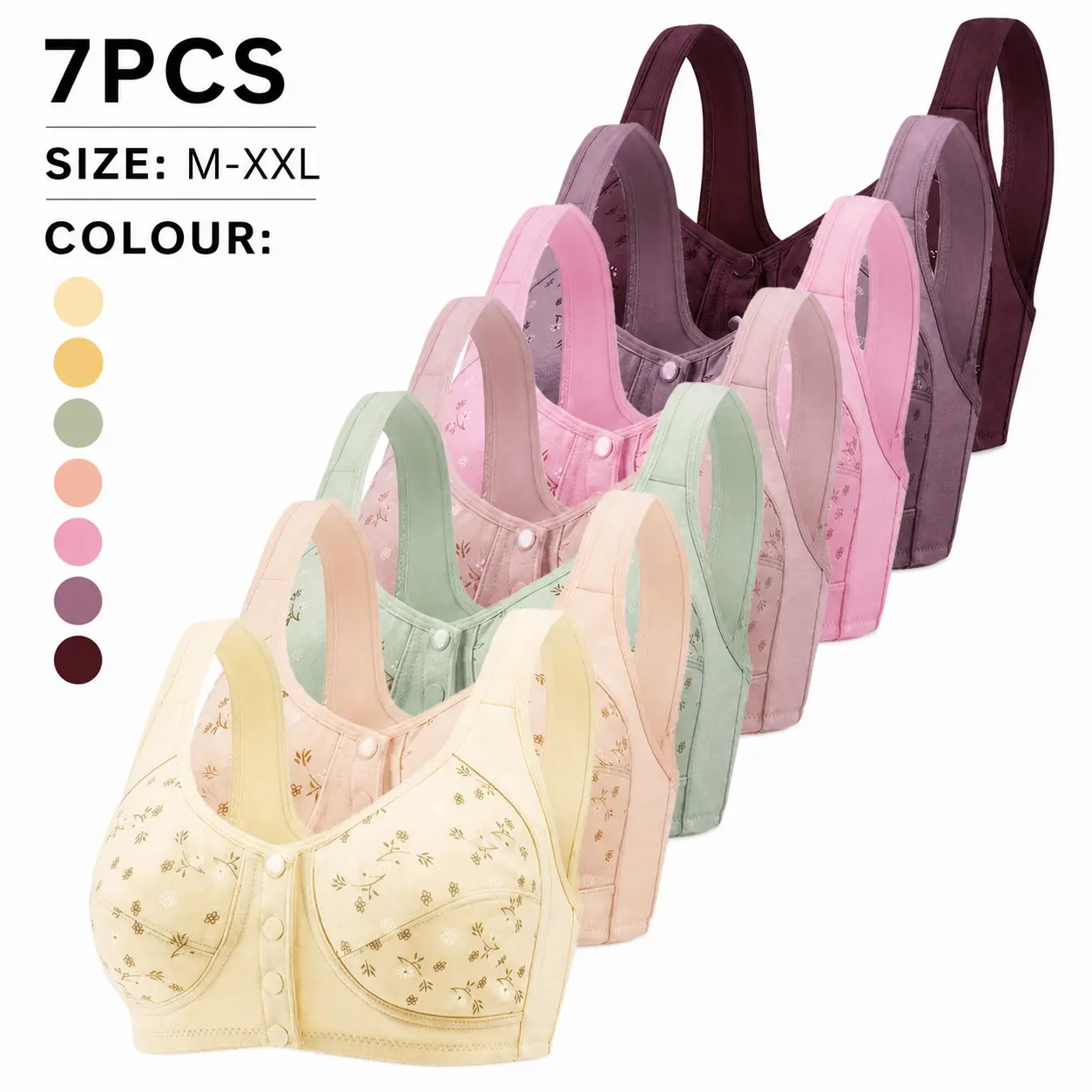 Women's 7-Pack Front Closure Wireless Lace Bralettes - Lady's Ultra-Soft Polyester Light Support Bras for Yoga, Sleep, Halloween & Thanksgiving Elegance, Breathable Homewear (M-XXL), Style, Fabric, Snap, Lacy, Crew Neck