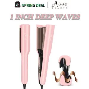 [DEER WAVE] Aima Beauty 1 Inch Deep Waver Crimper,Negative-lonic Curling Iron, Beach Waves Curling Wand for All Hair Types, Smart Beep Alerts, Adjustable Temps，Travel DualV oltage Anti-Scald Long Lasting Style lonic Anti-Frizz HairTools for Women Gift