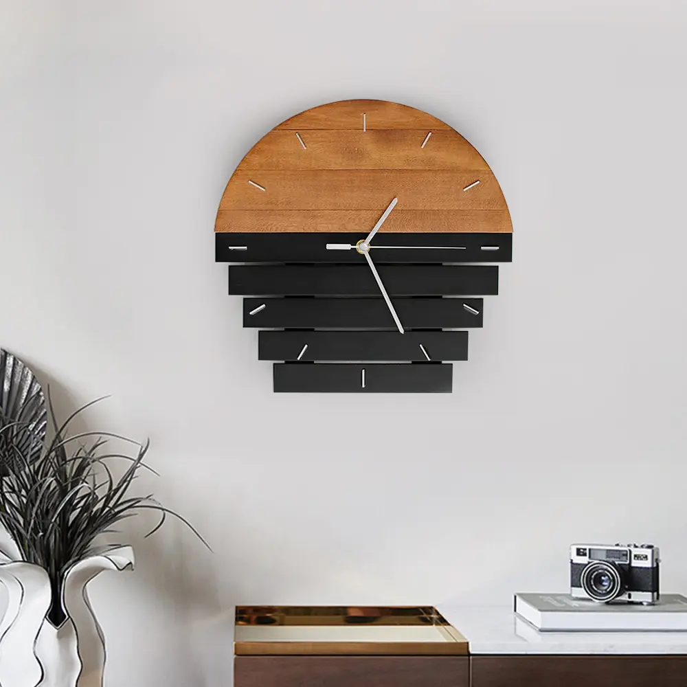 【Clearance】Homary 11.8" Rustic Abstract Wood Analog Clock, Circular Shape Wall Clock with Novelty Print, Hanging Artistic Industrial Decor for Living Room Home