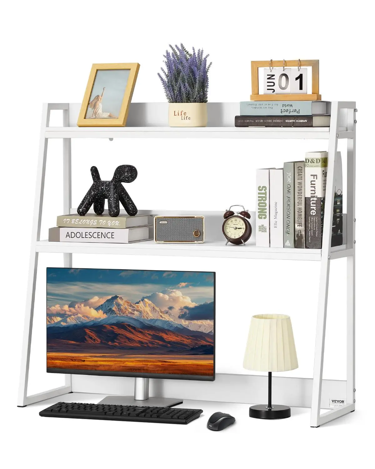 【Summerfinds】VEVOR Desktop Bookshelf,2-Tier Desktop Storage Organizer37.4" x 12.6" x 35.4" Office Desk Storage Rack Display ShelfDesktop Bookshelf Hutch with Anti-Slip Feet Padsfor OfficeHome & DormWhite