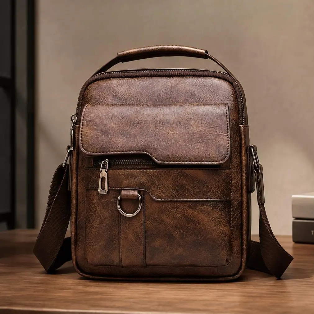 Men's Retro Waterproof PU Leather Crossbody Messenger Bag - Casual, Large Capacity, Multi-Pockets, Adjustable Shoulder Strap, Top Handle, Men's Accessories, Commuter, Business Use, Holiday Gift Crossbody Bags Travel Crossbody Bag