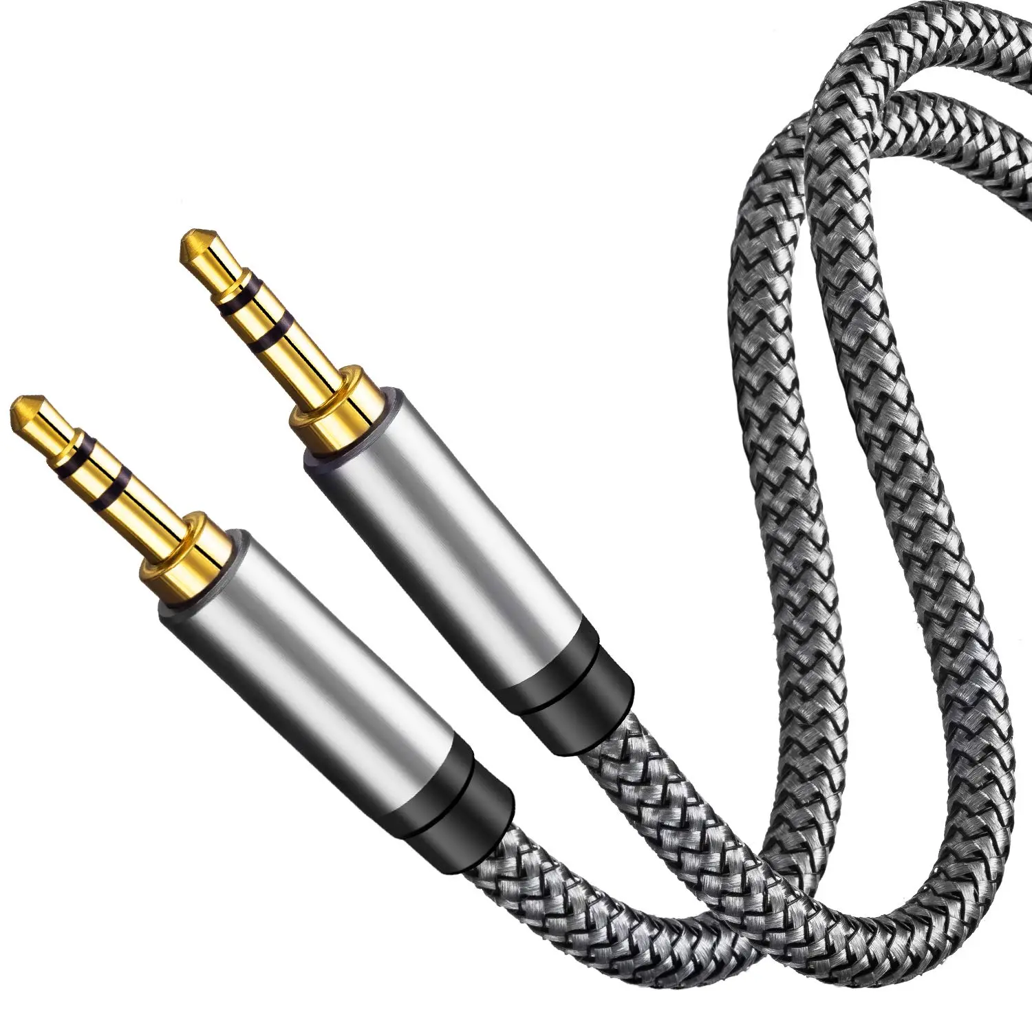 3.5mm Male-to-Male Aux Cable - Metallic Shell Nylon Double Braiding Headset Cable (1Ft/0.3M Silver, 10000+ Bend Lifespan, Plug-and-Play, 1-Year Durability Assurance) for Car Stereos, Auxiliary Input Devices