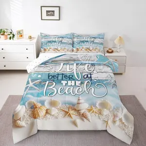 Feelyou Beach Theme Comforter Set - Soft, Lightweight Microfiber Bedding for Kids, Fluffy Bedding Set with Hawaiian Shell Starfish Design, Blue Farmhouse Wooden Pattern Quilt