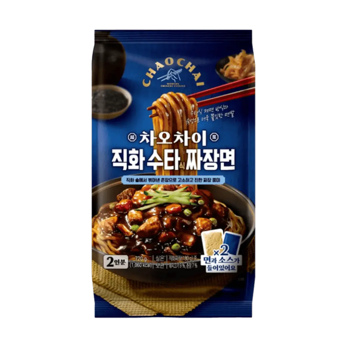 CHAOCHAI Korean Grilled Flavor Jjajangmyeon Noodles - 2 Servings (720g) - Authentic Black Bean Sauce Ramen, Savory Charcoal Grilled Taste