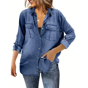 [Women's Denim Shirt] Distressed Denim Shirt Women's Long Sleeve Roll Up Casual Oversized Jean Shirt Jacket Tunic Tops