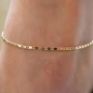 Gold Plated Herringbone Ankle Bracelet for Women, Thin Dainty Chain Anklet, Adjustable Summer Foot Jewelry for Beach Everyday Wear