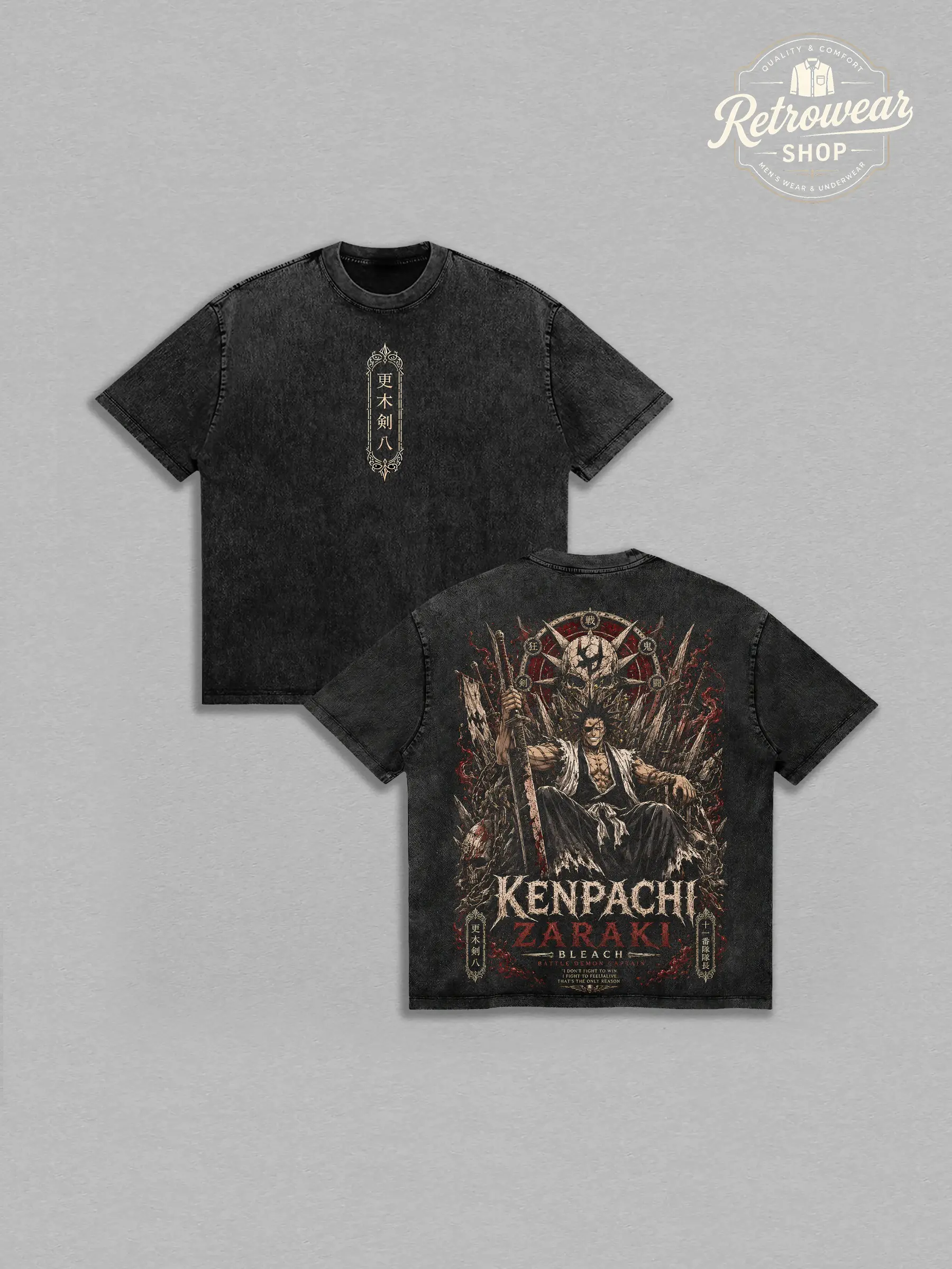 Kenpachi Zaraki 11th Division Captain Bleach Anime Washed T-Shirt Vintage Graphic Tee Gotei 13 Captain Oversized Heavyweight Cotton Streetwear Manga Gift