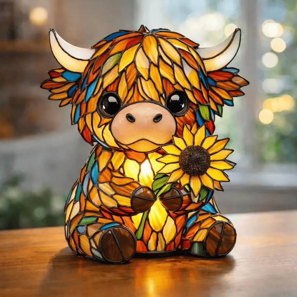 Handcrafted Stained Glass Highland Cow LED Table Lamp - 3D Animal Night Light with Highland Cow Design, Light Up Your Space for Home Bedroom Desk Decor (1Pc)
