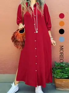 Women's Plain Collared Button Shirt Collar Long Sleeve Dress, Casual Fashion Long Dress for Daily Outdoor Wear, Women Dress for Spring, Womenswear