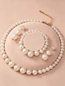 Faux Pearl Decorated Jewelry Set, Elegant Necklace & Bracelet & Dangle Earrings, Fashion Jewelry for Party, Trendy All-match & Exquisite Jewelry for Birthday Gift