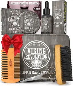 Viking Revolution Ultimate Beard Care Kit for Men - Natural Boar Bristle Brush, Dual Action Pear Wood Comb, Beard Oil, Citrus Balm, Trimming Scissors, Travel Pouch, Gift Haircare Set