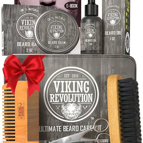 Viking Revolution Ultimate Beard Care Kit for Men - Natural Boar Bristle Brush, Dual Action Pear Wood Comb, Beard Oil, Citrus Balm, Trimming Scissors, Travel Pouch, Gift Haircare Set
