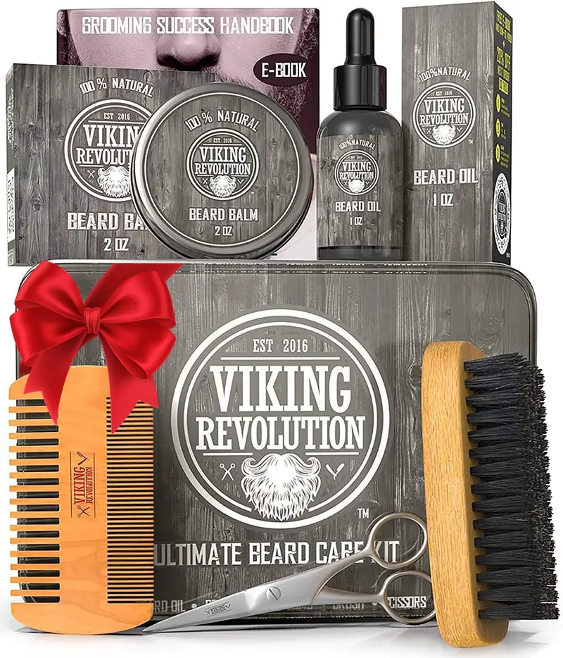 Viking Revolution Ultimate Beard Care Kit for Men - Natural Boar Bristle Brush, Dual Action Pear Wood Comb, Beard Oil, Citrus Balm, Trimming Scissors, Travel Pouch, Gift Haircare Set
