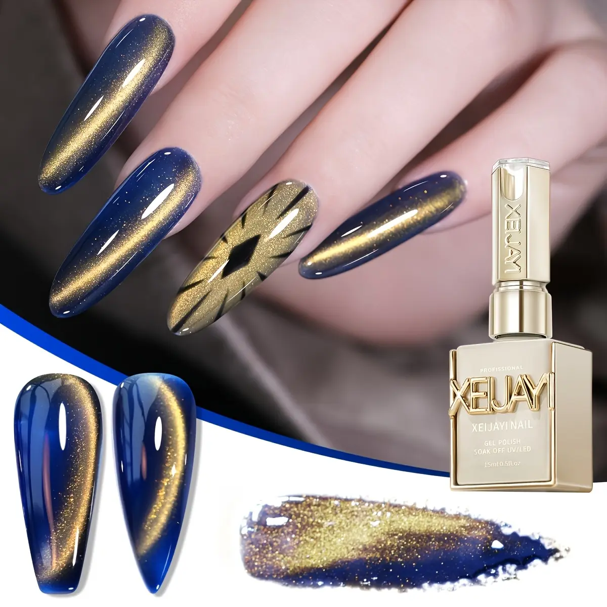 XEIJAYI Sunset Eyes 06 Ultra-Bright Gel Nail Polish - Blue Gold Amber Cat Eye Effects, Photo Frame Bottle, Single Item for Women's DIY Nail Art Manicure & Cuticle Care (Beauty & Personal Care), Gel Polish