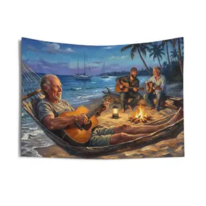 Island Music Legends Indoor Wall Tapestry | Tropical Sunset, Palm Trees, Campfire