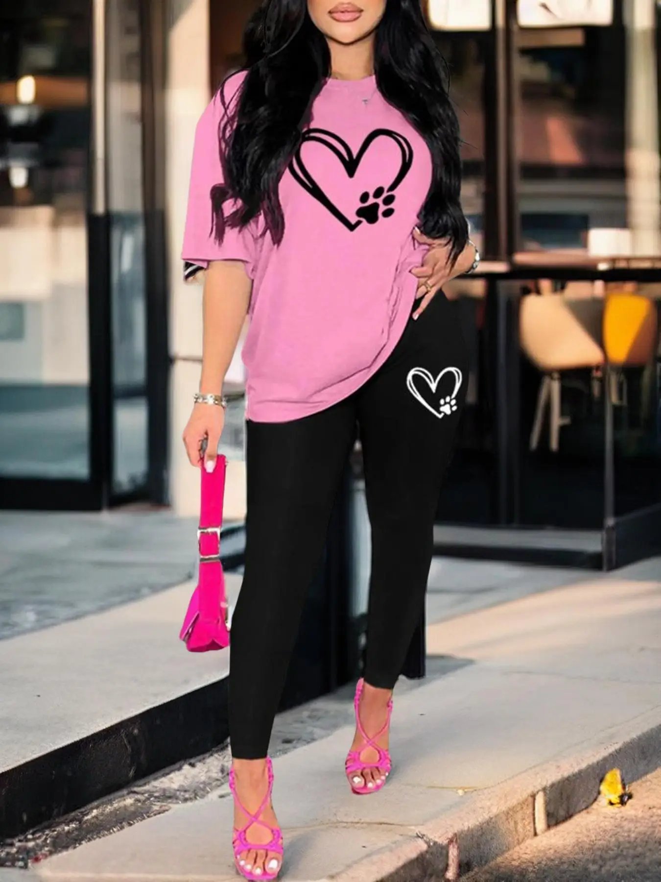 Two-Piece Set Heart Print Shortsleeve T-shirt & Elastic Waist Leggings Matching Sets, Workout Set, Spring Summer Comfort Suits, Comfort Graphic Round