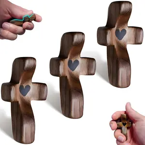 Wooden Cross Fidget,Cross My Heart,Small Wooden Crosses for Pocket Prayers,Prayer Cross for Hand,Pocket Cross Christian Gifts for Women and Fidget Toys for Adults (3PCS)