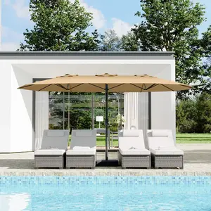 [TOP RATED - FLASH SALE] Garvee 15' Large Patio Umbrella with Base, Outdoor Double-Sided Rectangle Market Umbrella Outside Umbrellas for Poolside Lawn Backyard, Beige