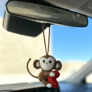 Handmade Crochet Monkey Heart Car Ornament, Cute Rearview Mirror Hanging Decoration, Car Interior Decor, Animal Lover Gift, Cute Car Accessories