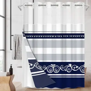 1pc hookless shower curtain with buckle lining, blue and white classic scrollwork patchwork design, 2D flat printing, fabric waterproof lining, see-through double-layer shower curtain, 71 x 74 inches, modern home draping curtain, Shower Essentials