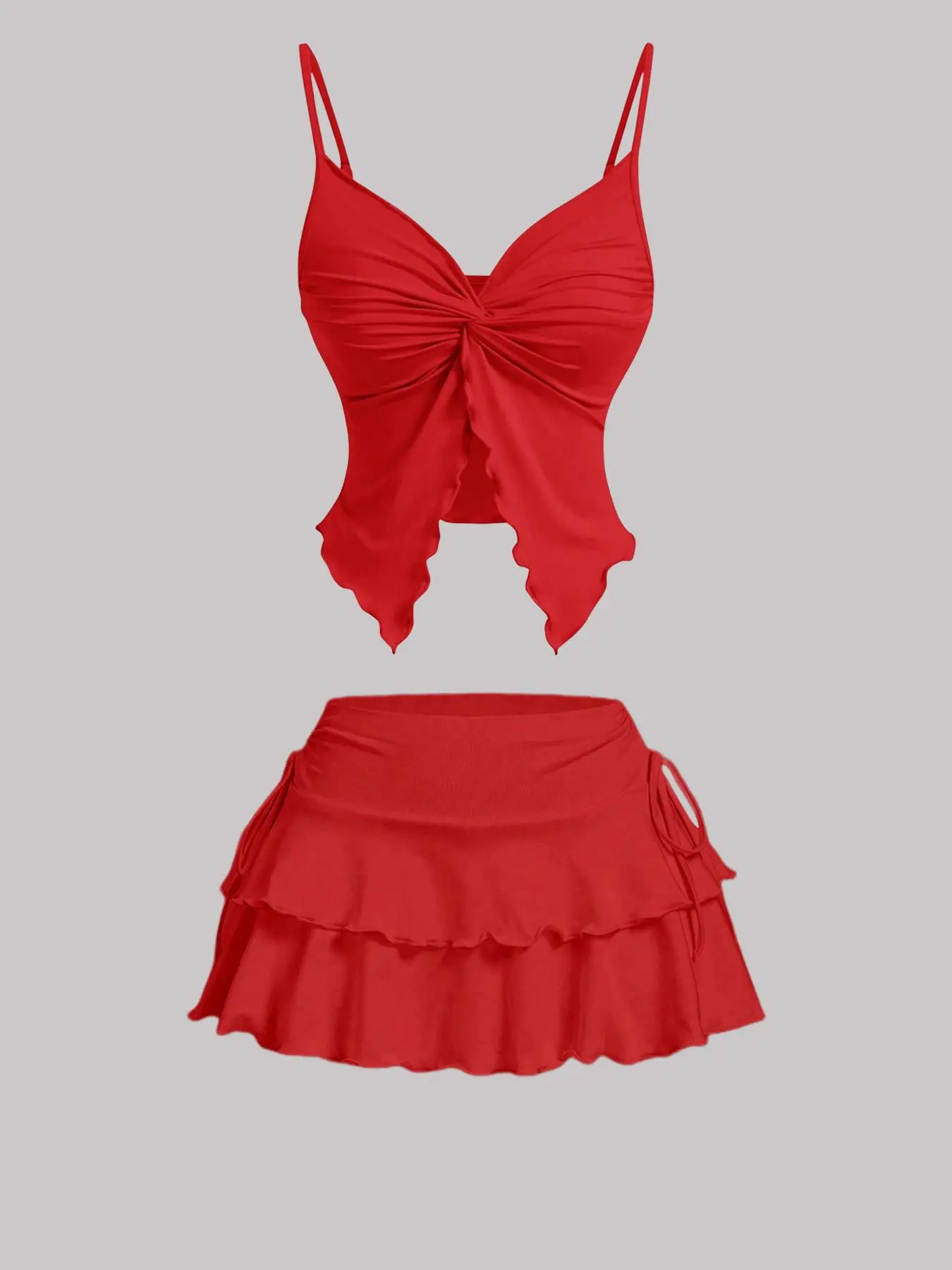 Women's Solid Ribbed Strappy Front Top & Adjustable Tie-Side Skirt Set - Breathable Airy Casual Fitted Aesthetic Style for Summer Adventures