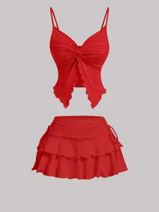 Women's Solid Ribbed Strappy Front Top & Adjustable Tie-Side Skirt Set - Airy Casual Style for Summer Adventures