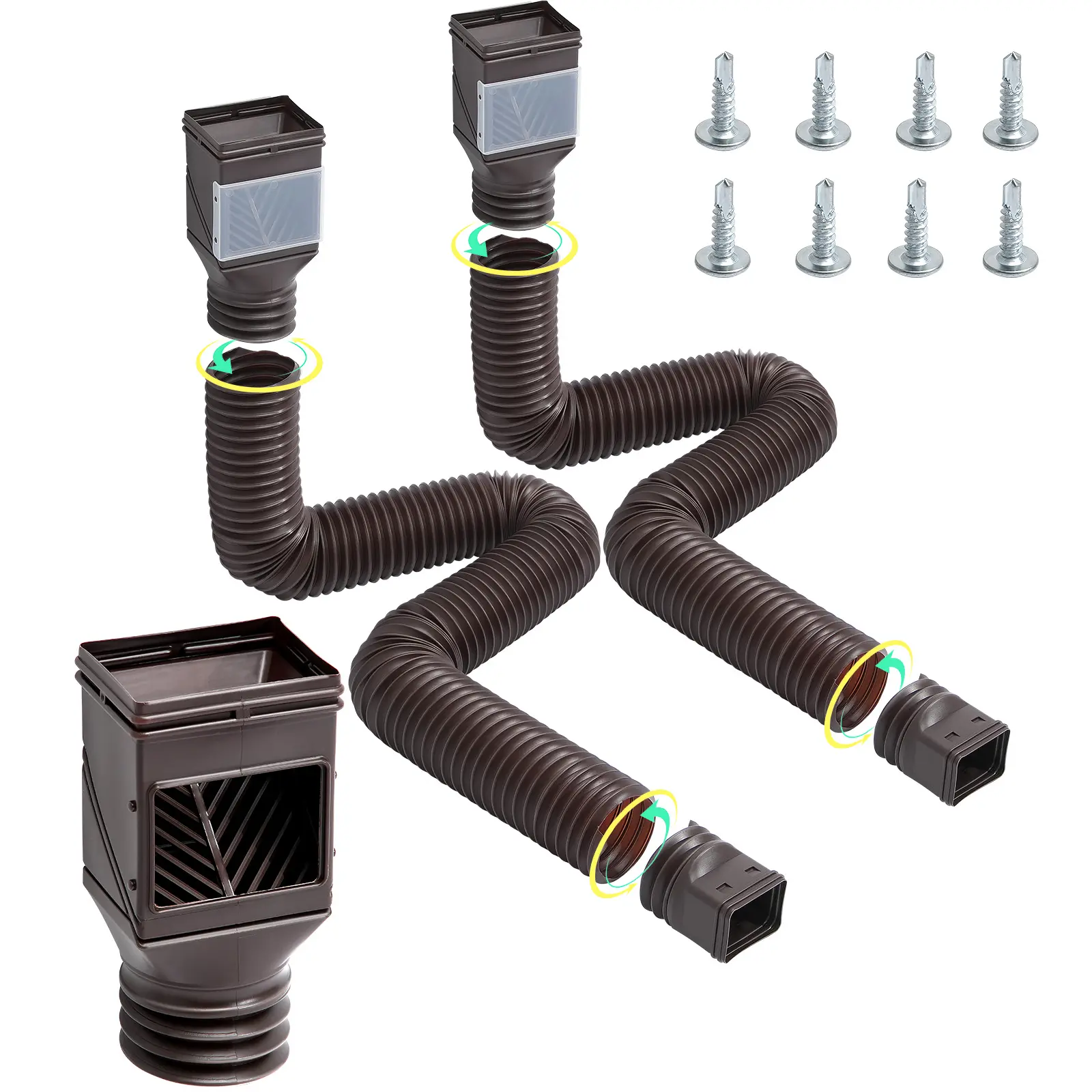 【summerfinds】VEVOR Rain Gutter Downspout Extensions, 2-Pack Flexible Downspout Extender, Down Spout Drain Extension Extendable from 22" to 63", Gutter Extensions with Adapters, for Rainwater Drainage, Brown