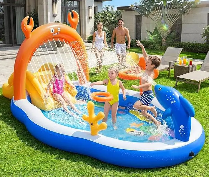 Large Inflatable Water Slide Play Center for Kids 120 x 70 x 50 Inch Kiddie Pool with Water Slide & Sprinkler Backyard Inflatable Splash Park Blow Up Toddler Pool Outdoor Summer Water Toy for Boys & Girls
