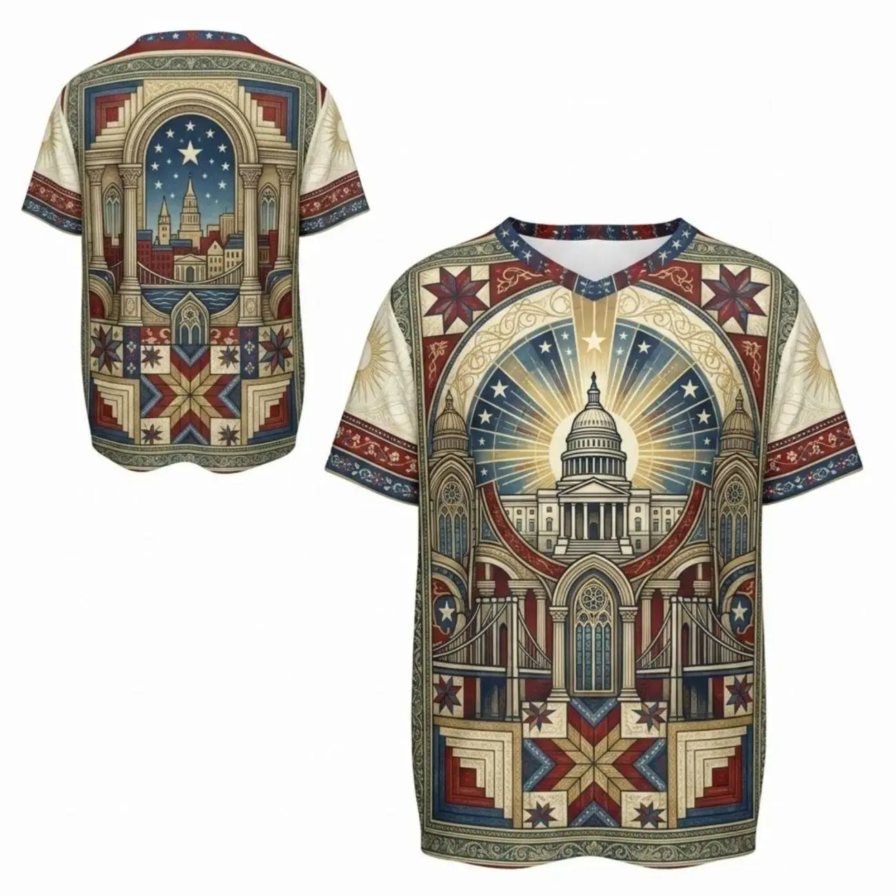 Men's USA-Themed Throwback Soccer Jersey - Vintage Architecture V-Neck, Soccer Fashion Commemorative Short-Sleeve T-Shirt, Jersey Fabric Fan Top for Game Day, Throwback Jersey
