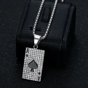Unisex Luxury Punk Stainless Steel Pendant Necklace - Cuban Link Chain, Synthetic Zircon Spade A Poker Charm, Retro Costume Jewelry for Daily Wear & Gifting