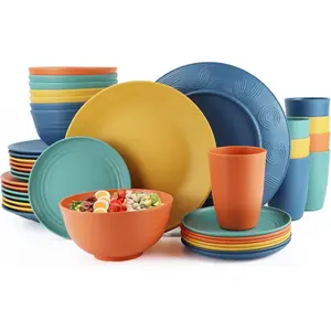 Unbreakable Plastic Wheat Straw Dinnerware Set - Multi Color, 8-Person Dish Set for Dinner, Plates, Bowls, Cups & Appetizer Plates - Perfect for Outdoor Camping