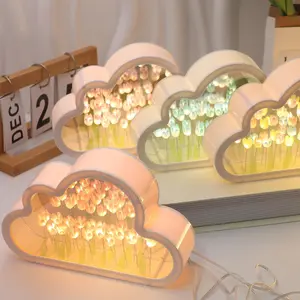 2PCS Tulip Night Light Mirror Cloud Tulips Night Lamp Decoration Table Light Handmade Flower Light Delicate Ornament Lamp Birthday Christmas Mothers Day Gift for Mom