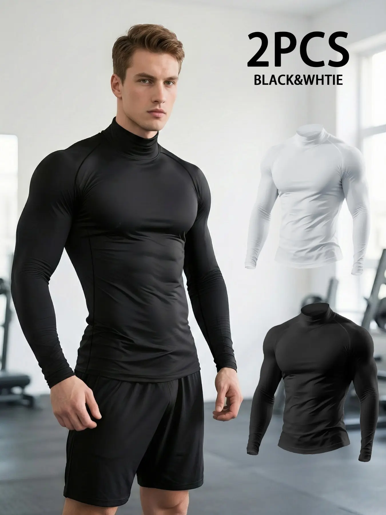 Men's 2-Pack High Neck Pullover T-Shirts, Long Sleeve, Soft and Comfortable, High Stretch, Breathable, Ideal for Casual, Sports, and Everyday Wear, Gym Performance Top, Athletic Training Apparel, Athletic Training Tops