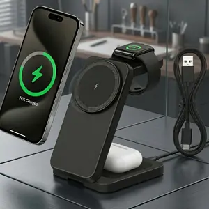 3-in-1 Wireless Charging Station  Foldable Fast Magnetic Charger for iPhone 17/16/15/14/13/12 Series, AirPods 2/3/4/Pro & Apple Watch 3-10/SE/Ultra | Compact Desk Organizer, Travel-Friendly, Space-Saving Charging Dock for Home & Office