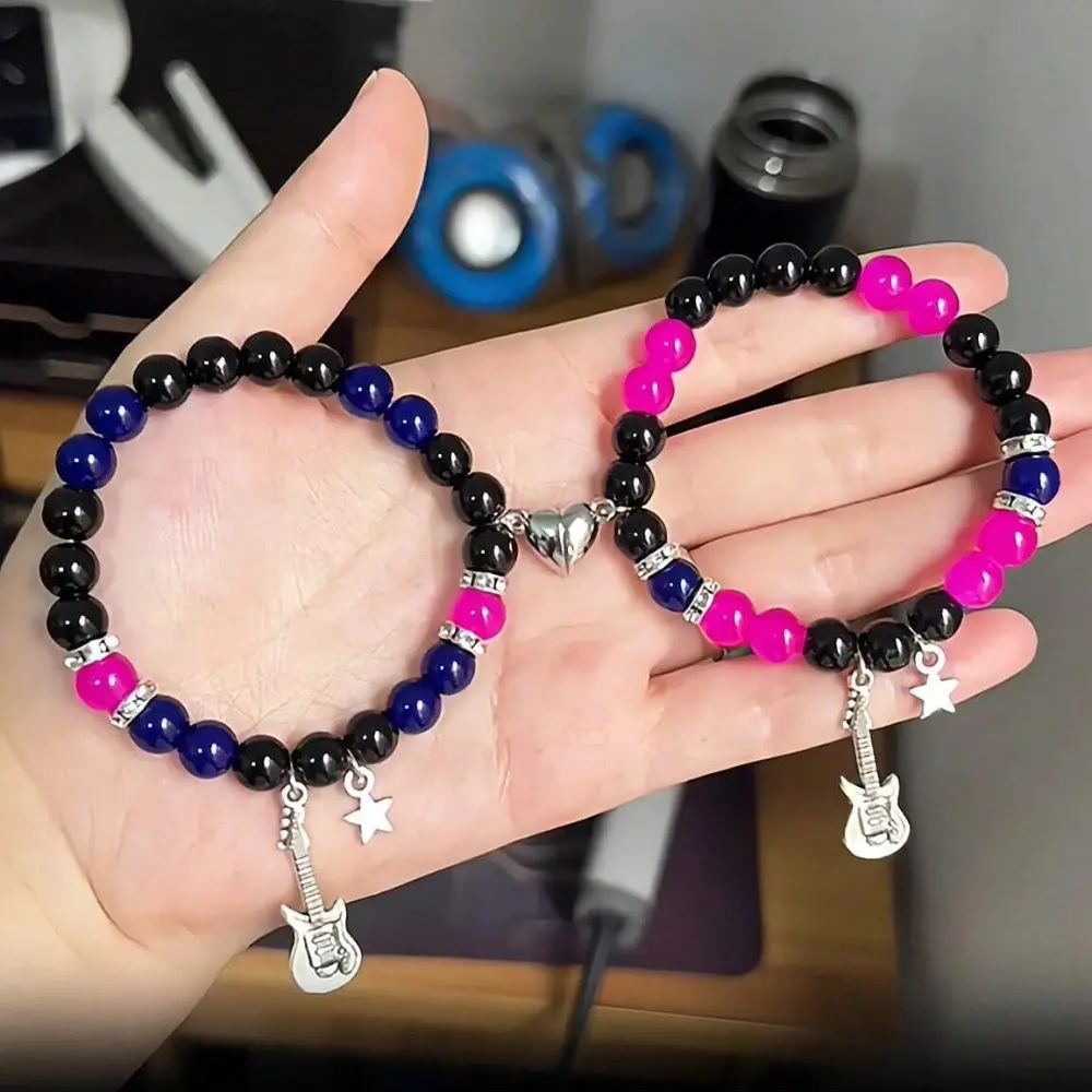 2pcs Matching Magnetic Couple Bracelets - Friendship BFF Bracelets with Love Guitar Glass Beads, Yes, Matching BF and GF Role Play Costume Jewelry for Valentine’s Day Gifts, Unisex