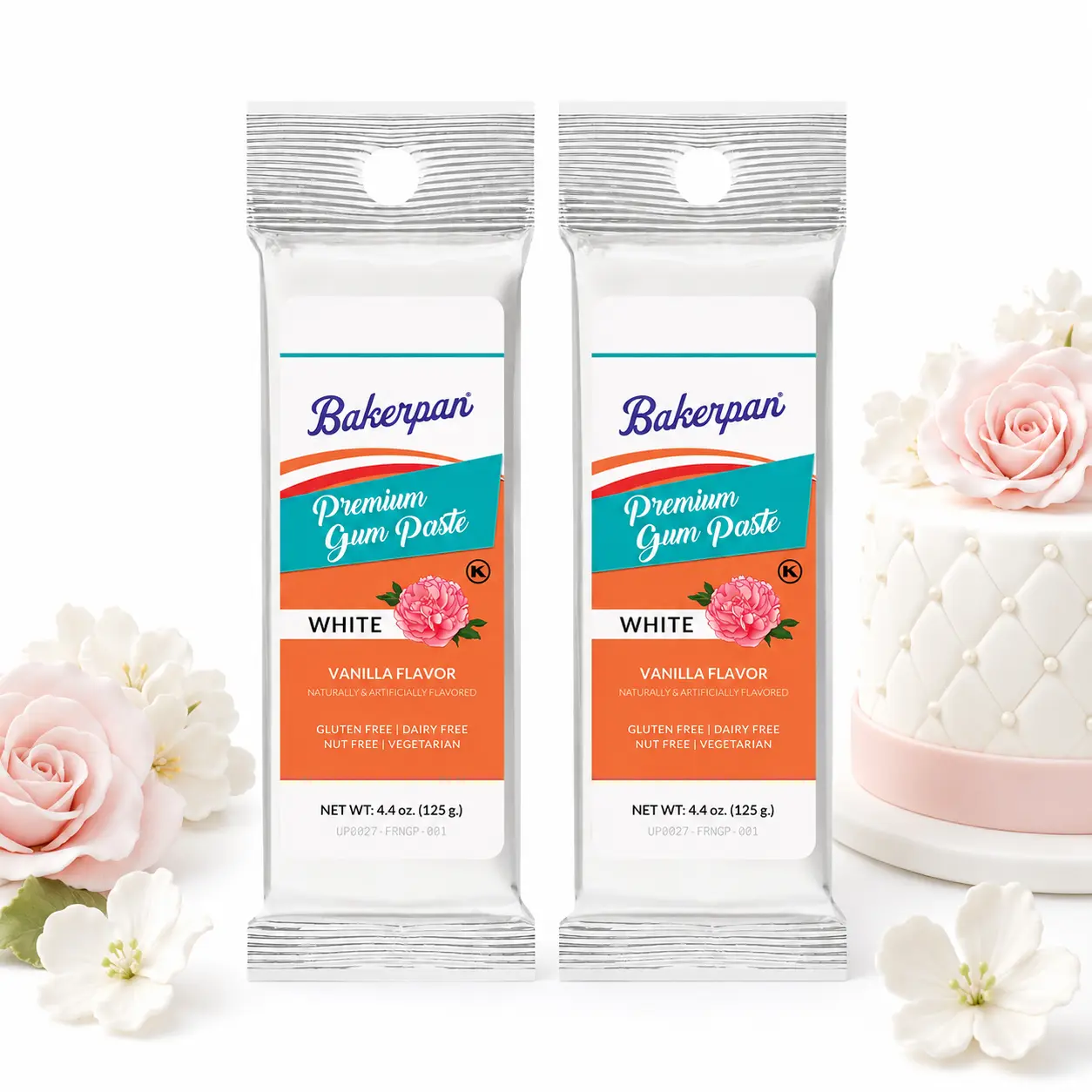 Bakerpan 3 Pack White Gum Paste for Cake Decorating, Create Flowers, Leaves, Elegant Ruffles - 4.4 Ounces, Vanilla Flavor (Made in USA)