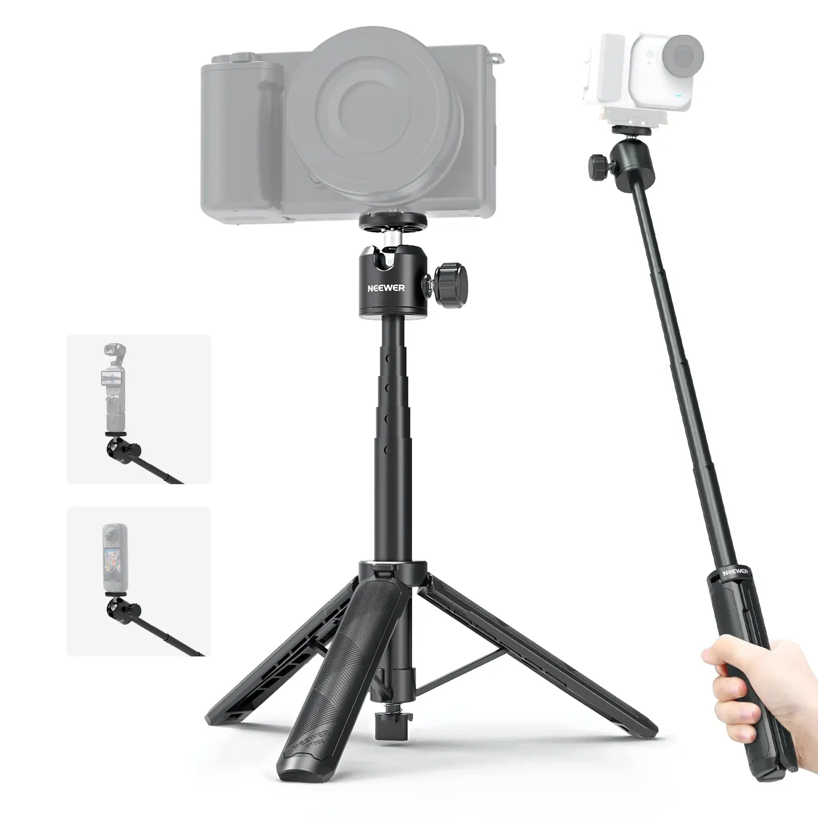 NEEWER DT001 Alloy Extendable Selfie Stick Tripod - Compact, Adjustable Handheld Metal Stand Handle Grip for Vlogging, Compatible with Canon G7X Mark III, Sony ZV-1 RX100 VII A6400 A6600, Nikon Cameras, Webcams, Insta 360 (Ideal for Recording), Vlogging E