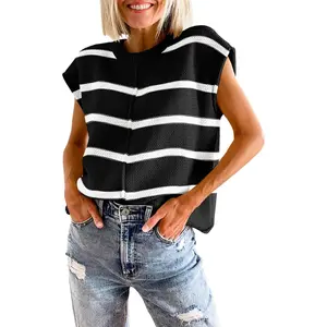 FMEYOA Womens Cap Sleeve Tank Tops Striped Crew Neck Casual Loose Fit Spring Summer Pullover Knit Sweater Ves