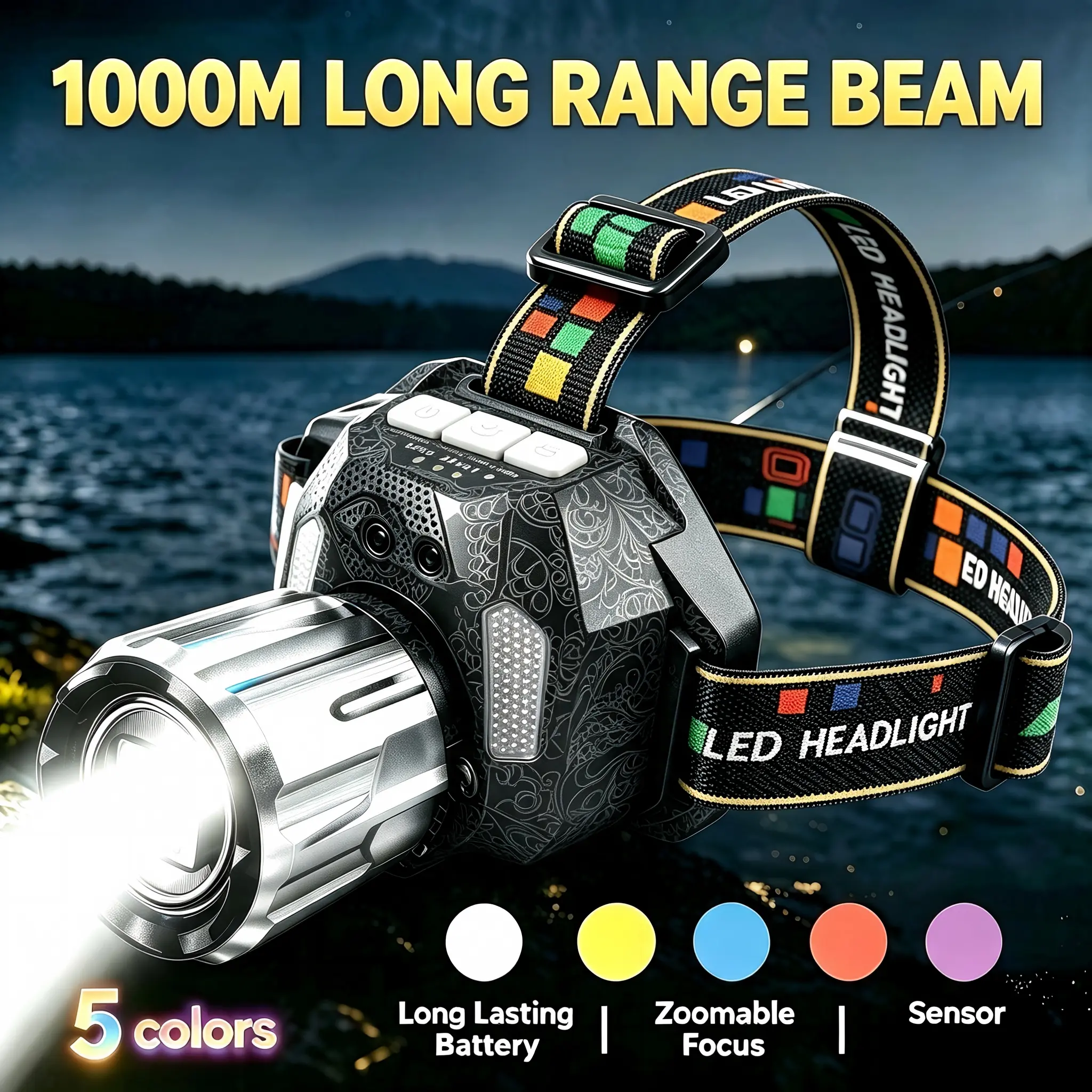 Waterproof 5-Color LED Headlamp 1000M Adjustable Zoom for Scorpion Hunting Night Fishing & Hiking Multi-Color Modes Long Range Beam Stable Durable Structure