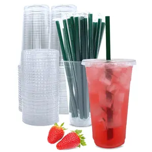 Clear Plastic Cups with Lids and Straws - 25 Disposable Coffee Cups with 25 Flat Lids & 25 Individually Wrapped Straws, BPA Free, Non-Toxic, Recyclable