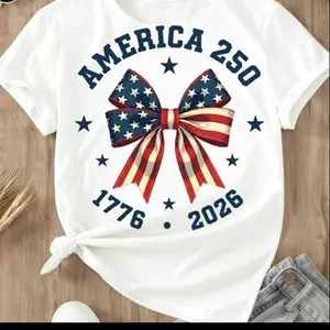 Patriotic Bow USA T-Shirt, America 250 1776-2026 T-Shirt, Cute 4th of July Tee, Independence Day Outfit Women, American Flag Shirt, Summer Holiday Tee