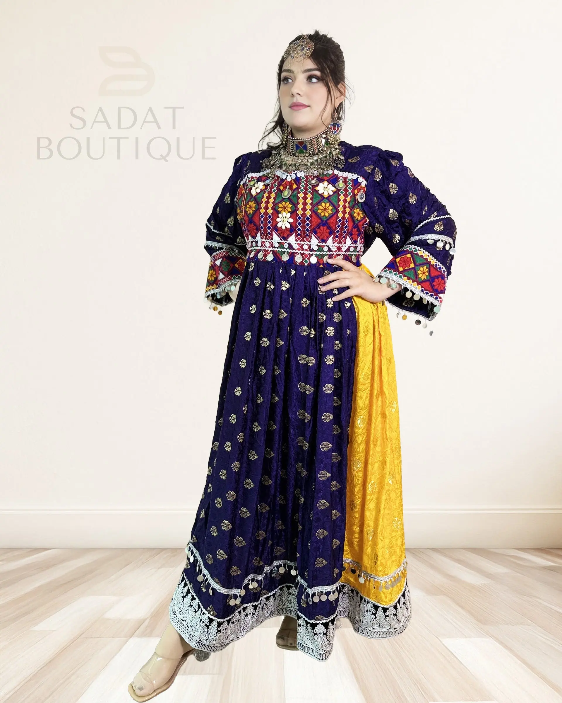 Women's Formal Long-Sleeve Midnight & Saffron Afghan Mirrorwork Maxi Dress