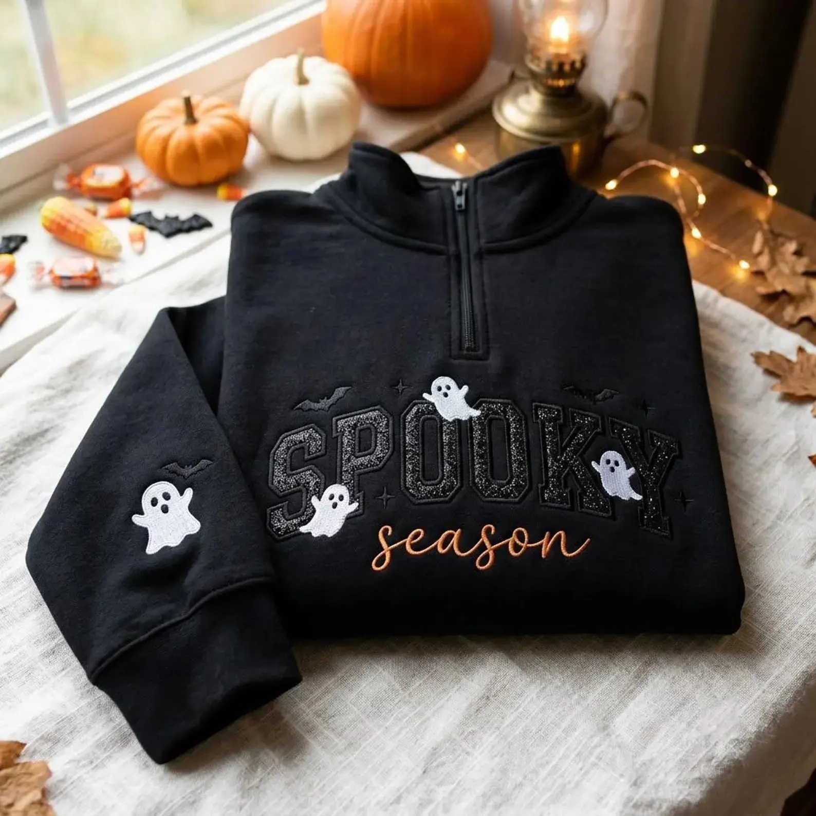 [Made in US] Embroidered Glitter Spooky Season Applique Quarter Zip Sweatshirt, Glitter Applique Apparel, Bats And Ghost Crewneck, Cozy Fall Gift