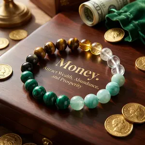 Alternating Bead Crystal Bracelet with Tiger's Eye, Malachite & Citrine, 8mm Natural Stone Jewelry for Wealth Attraction, Daily Manifestation & Abundance