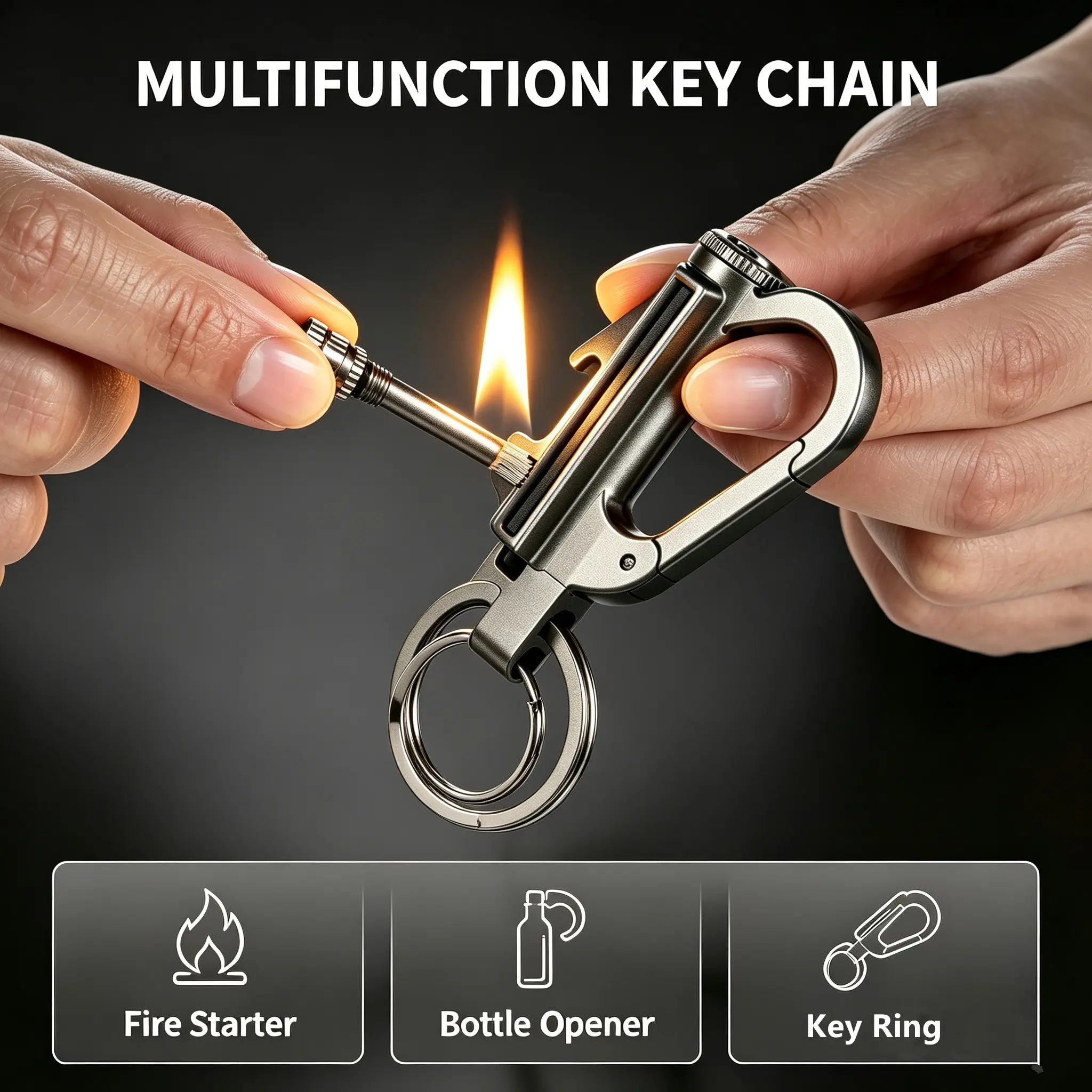 Compact Zinc Alloy 3-in-1 Multifunctional Keychain Multi-Tool - Reusable Flint Lighter, Bottle Opener, Key Holder - Portable EDC Gear for Camping, Hiking - Men's Birthday Gift (No Fuel Included, Reusability Feature)