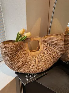 Large Capacity Handbag, Woven Straw Bag Open Top Round Shape, Ideal Travel Vacation Choice, Fashion Women Beach Accessory, Everyday Bags, Casual Commuting Handbag, Woven Purses, Fashionable Straw Bag