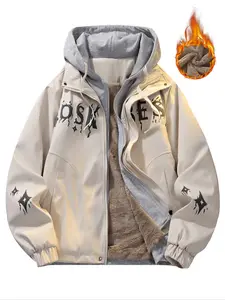 Tiktok Trendy American Streetwear Faux Two-Piece Fur-Lined Jacket, Dark Print Winter Warm Coat, Must-Have for Fashionistas, Fit, Long Sleeves, Outerwear